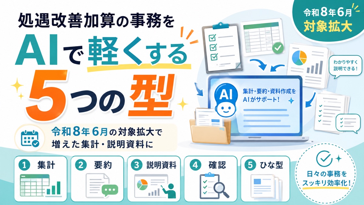 処遇改善加算の事務をAIで軽くする5つの型|令和8年6月の対象拡大で増えた集計・説明資料に