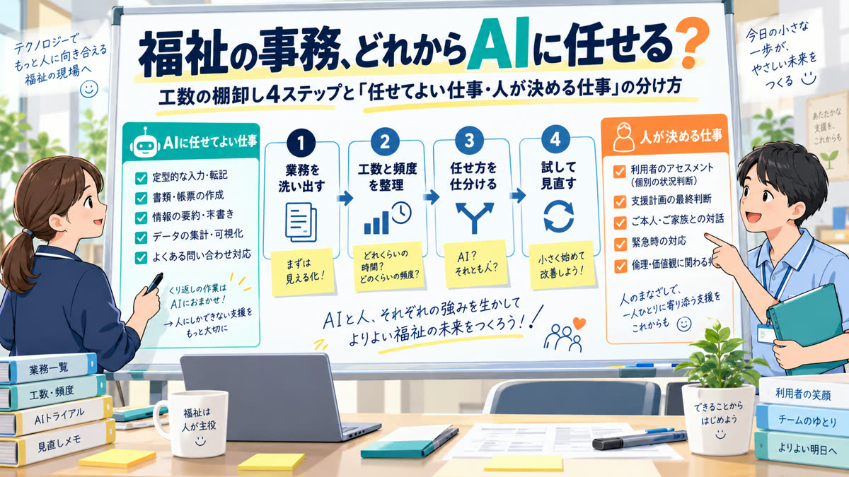 福祉の事務、どれからAIに任せる?|工数の棚卸し4ステップと「任せてよい仕事・人が決める仕事」の分け方|WelvieAI